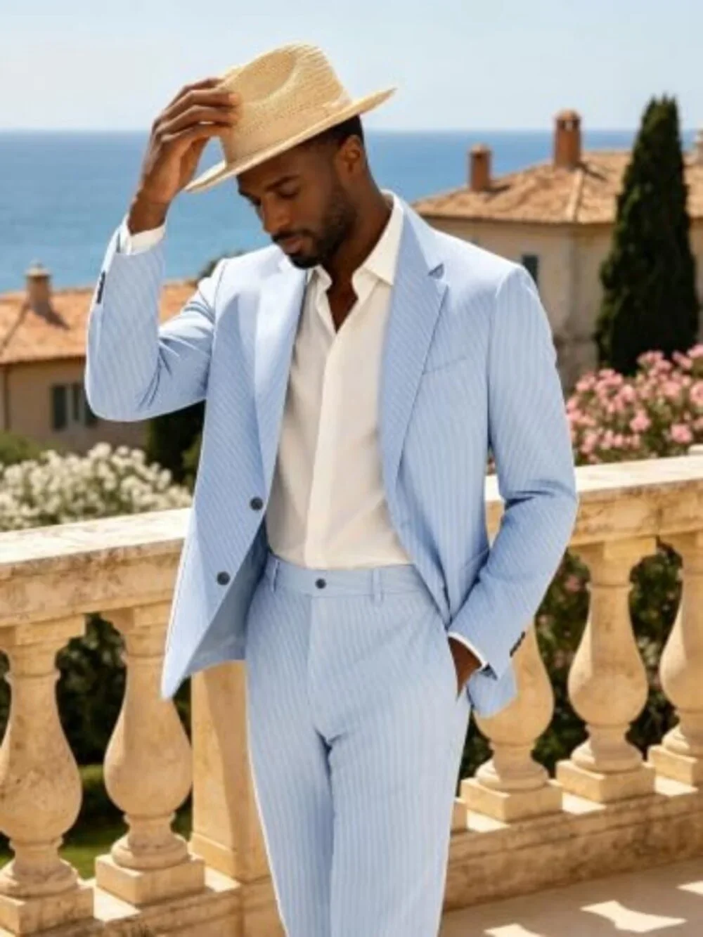 Stylish Men's 2-Piece Summer Suit Set - Casual Striped Jacket & Pants Outfit